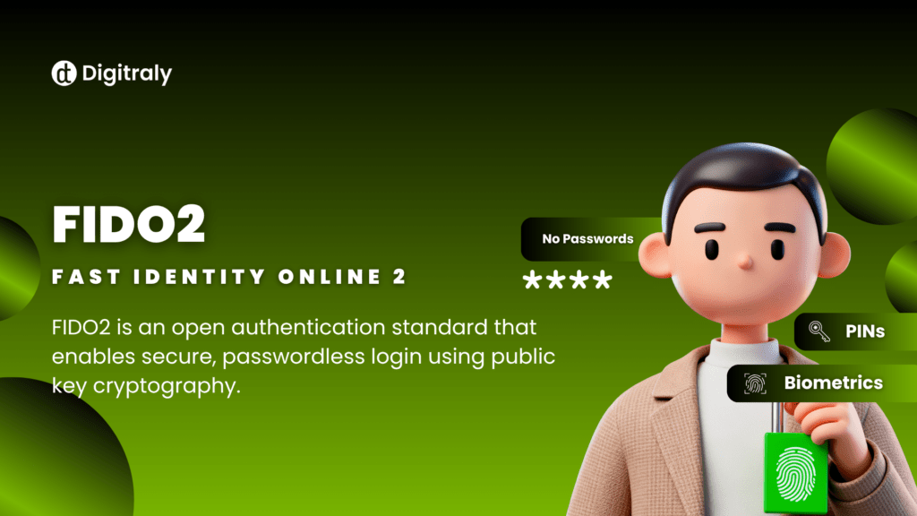 An educational graphic from Digitraly explaining FIDO2 as an open authentication standard for secure, passwordless login using public key cryptography, featuring icons for PINs and Biometrics.